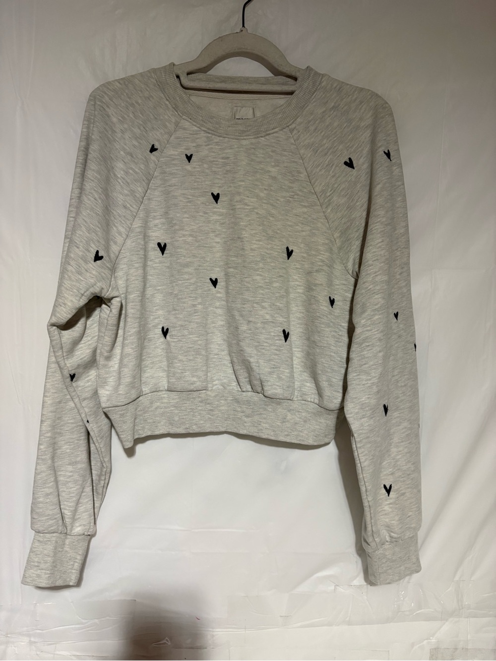 Maeve Heather Grey Cropped Sweatshirt with Black Heart Motif
